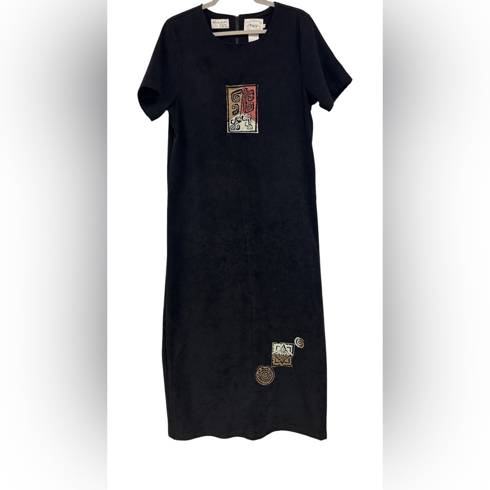 0488 Artisan Tribal Print Midi Dress M Black | Boho Minimalist Ethnic Southwest